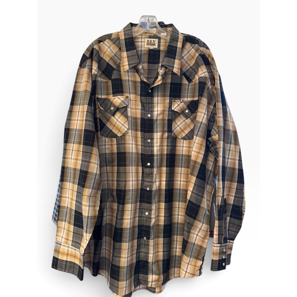 Ely Cattleman Tall Man Western Plaid Snap Front Shirt 4XLT Tan Black White